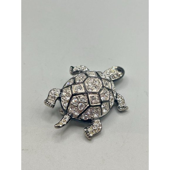 Kenneth Jay Lane KJL Turtle Pin Brooch Silver Tone Clear Crystals Black Enamel - Picture 5 of 9